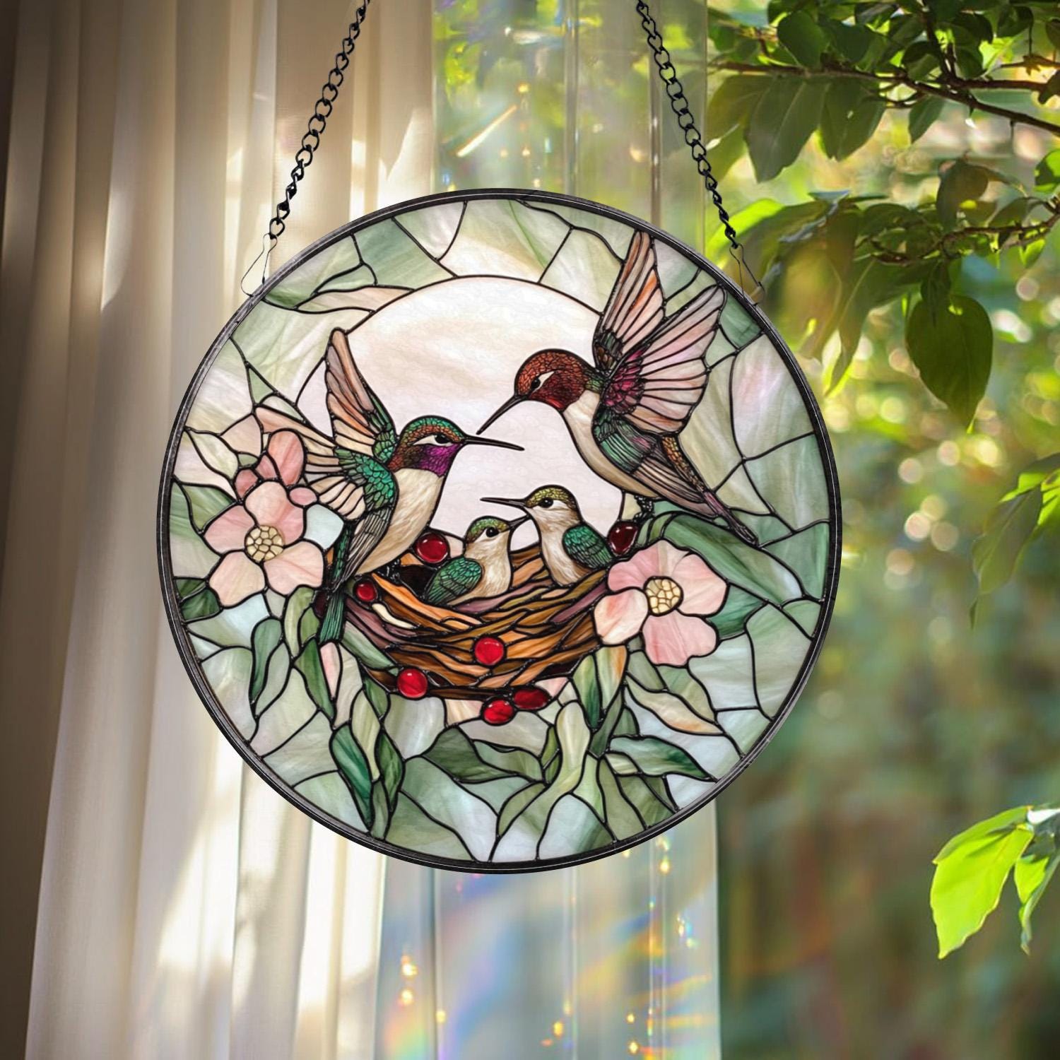 Hummingbirds Stained Glass Suncatcher, Wildflower Window Hanging, Nature-Inspired Decor, Memorial Gift for Her, Christmas Gift for Women