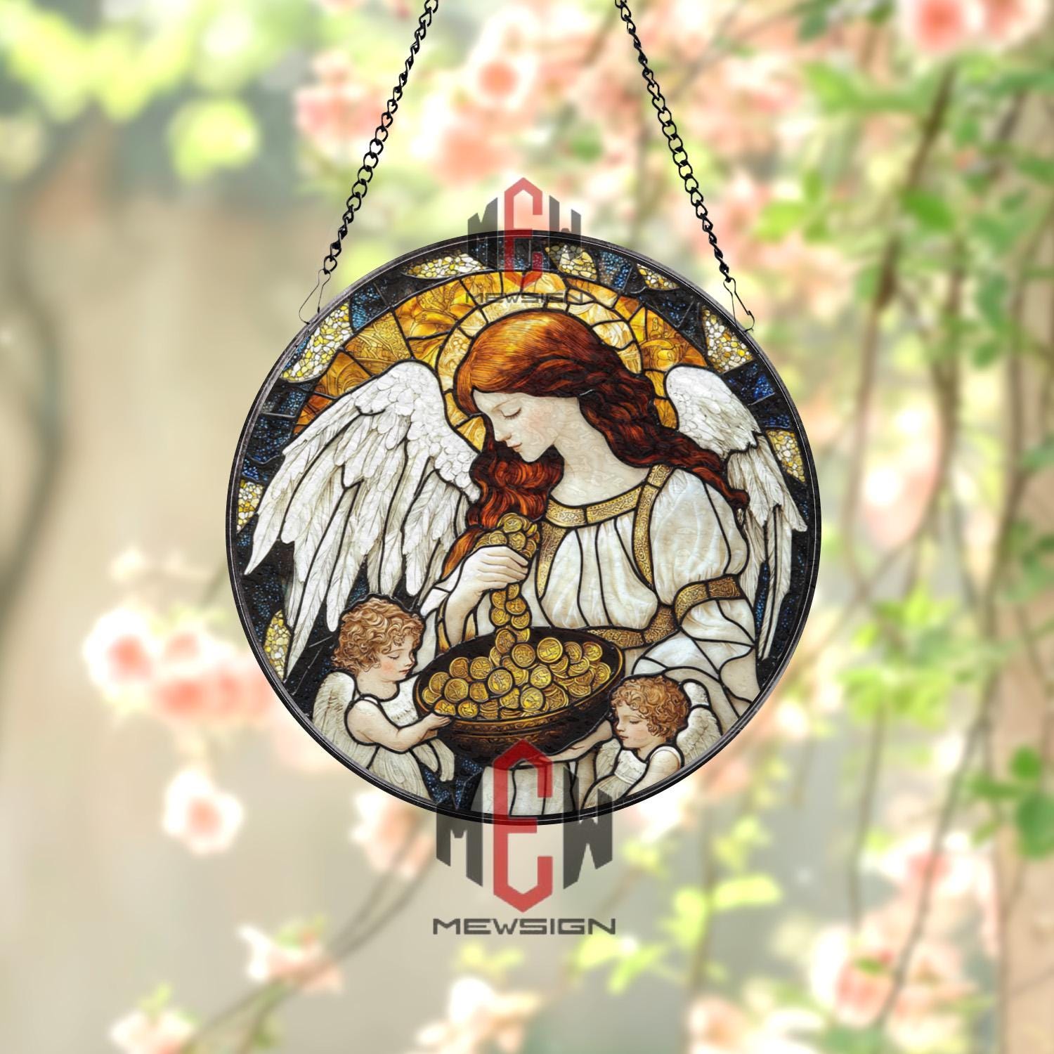 Angel and Cherubs Stained Glass Suncatcher – Guardian Angel Window Hanging, Blessings and Abundance Art Panel, Spiritual Gift for Home