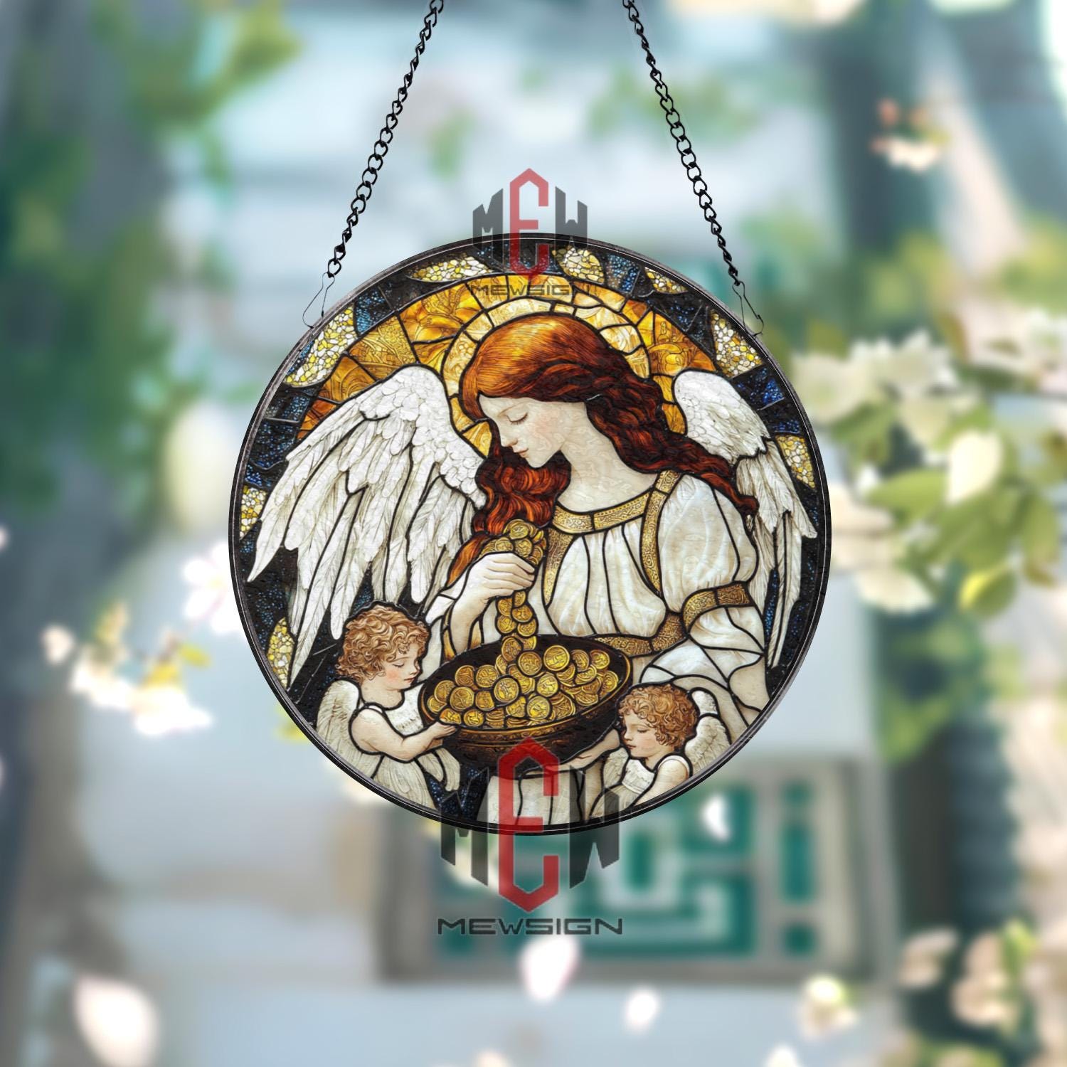 Angel and Cherubs Stained Glass Suncatcher – Guardian Angel Window Hanging, Blessings and Abundance Art Panel, Spiritual Gift for Home