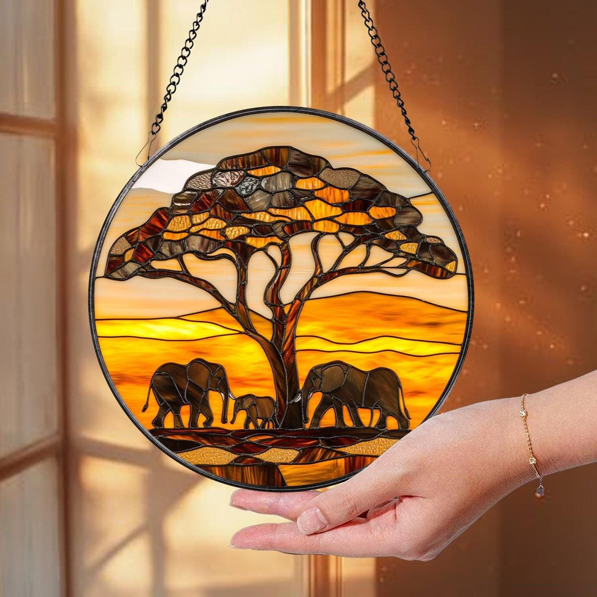 Elephant Mama and Baby Glass Suncatcher, Motherhood Window Art, Gift for Mom, Garden or House Decor, Elephant Family Suncatcher Gift