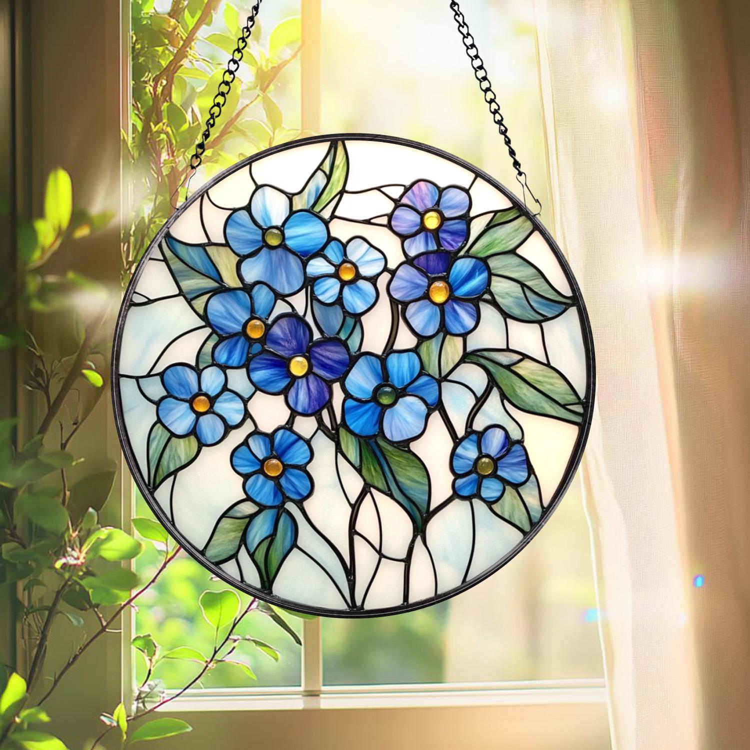 Forget-Me-Not Stained Glass Suncatcher, Blue Floral Window Hanging, Botanical Home Decor, Memorial Gift for Mom or Grandma, Spring Accent