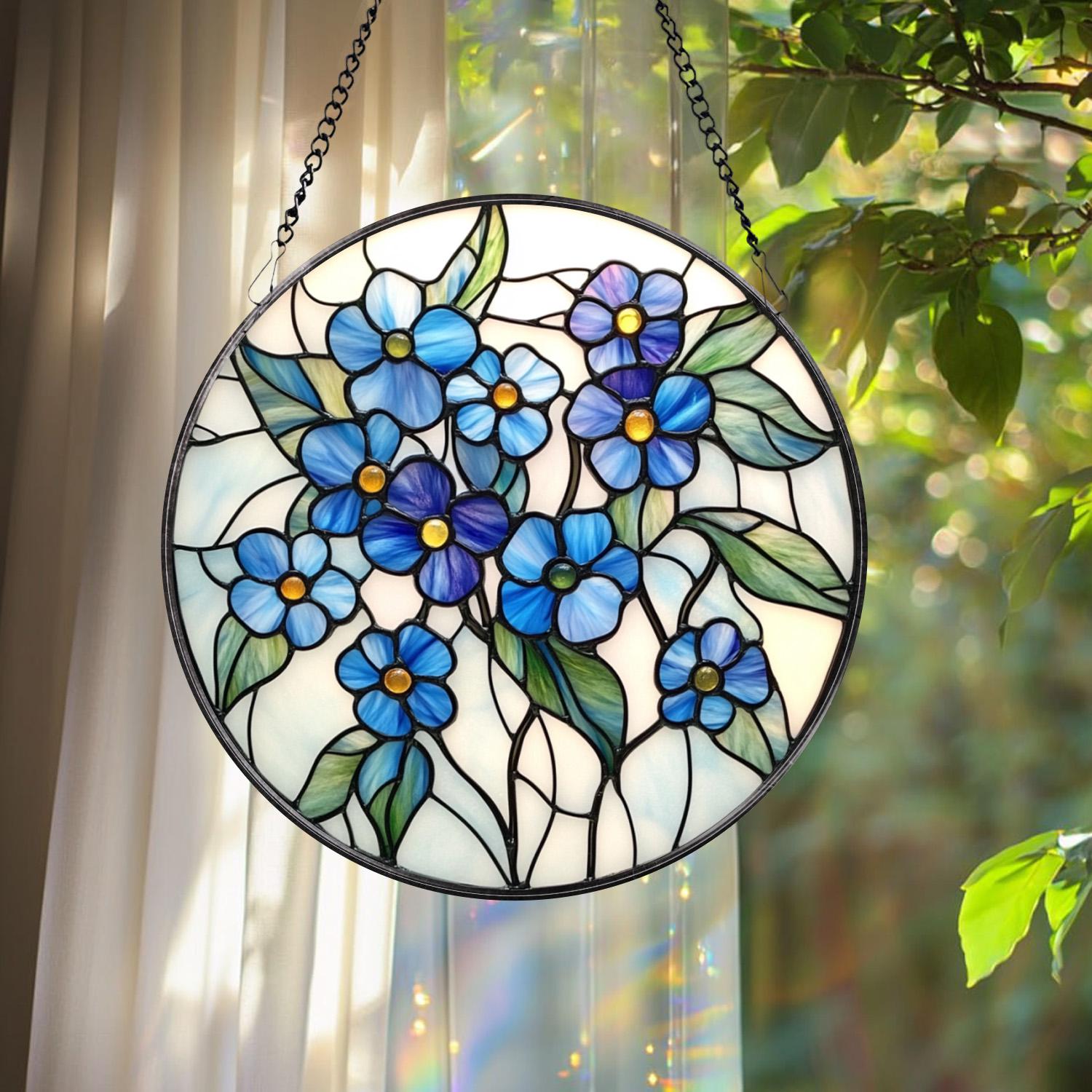 Forget-Me-Not Stained Glass Suncatcher, Blue Floral Window Hanging, Botanical Home Decor, Memorial Gift for Mom or Grandma, Spring Accent