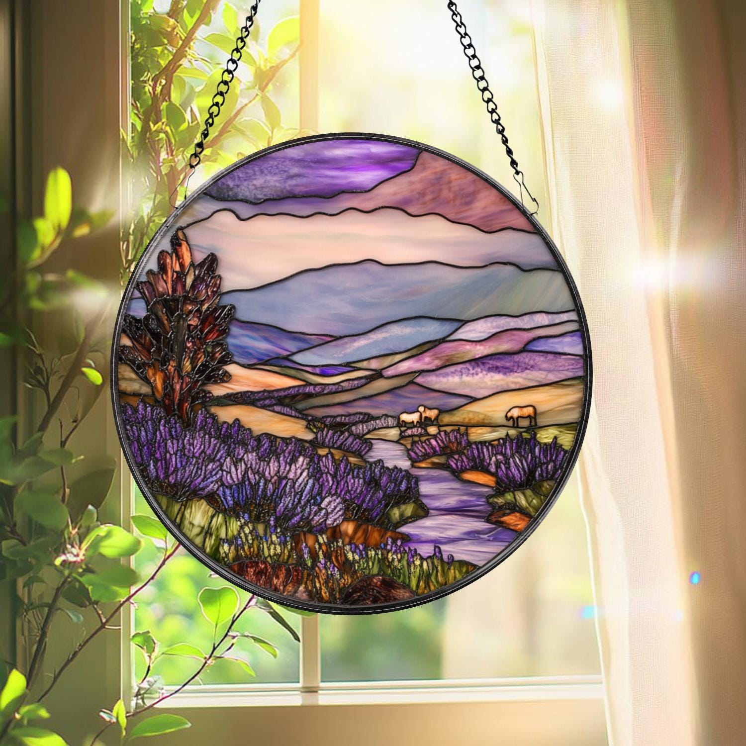 Mountain and Forest Stained Glass Suncatcher, Sunset Landscape Window Art, Rustic Nature Decor, Cozy Cabin Gift for Nature Lovers