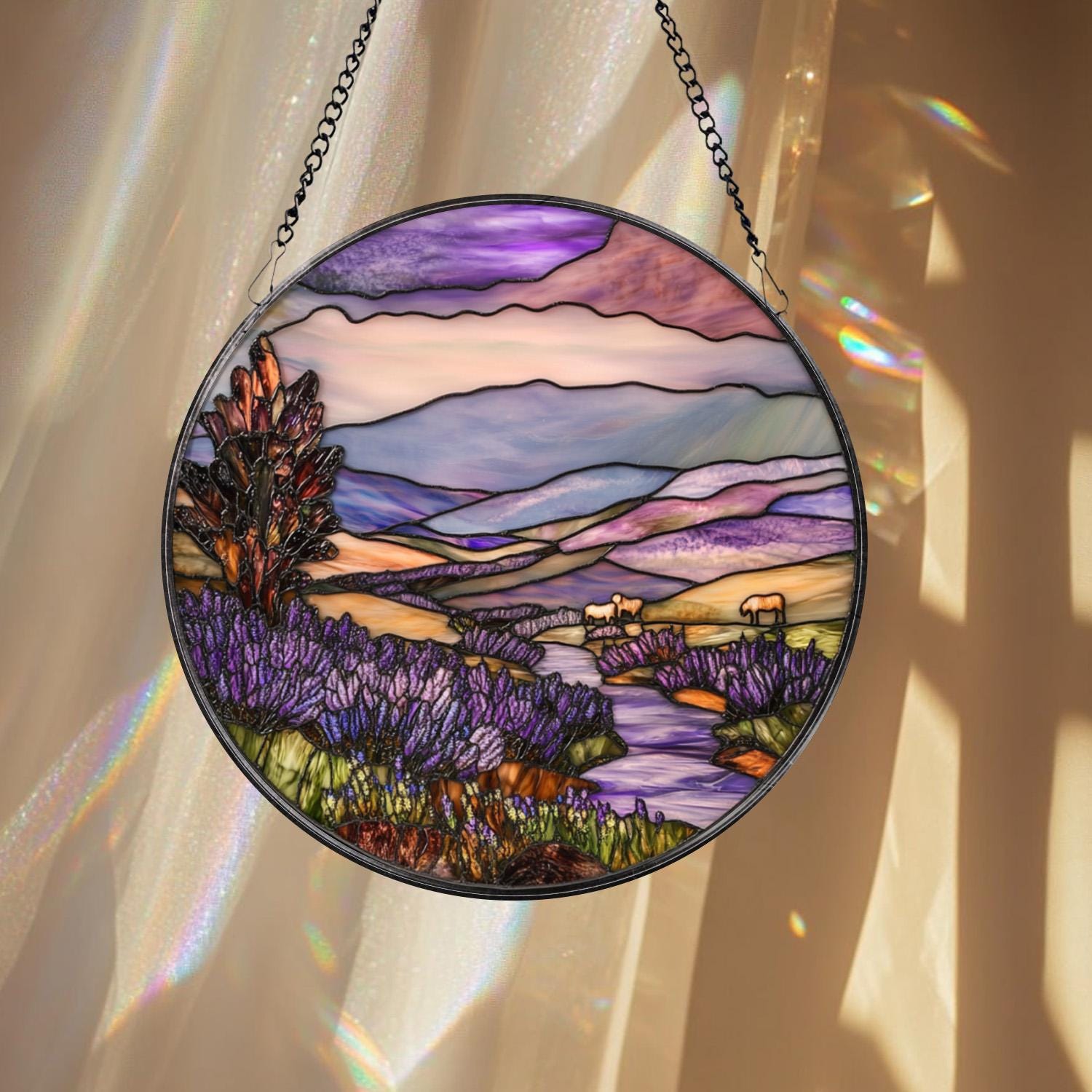 Mountain and Forest Stained Glass Suncatcher, Sunset Landscape Window Art, Rustic Nature Decor, Cozy Cabin Gift for Nature Lovers