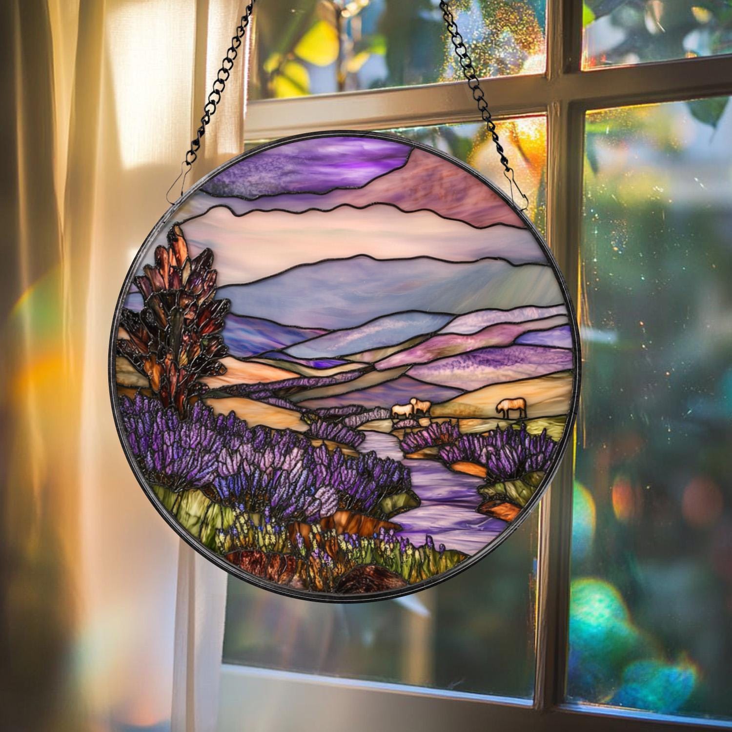 Mountain and Forest Stained Glass Suncatcher, Sunset Landscape Window Art, Rustic Nature Decor, Cozy Cabin Gift for Nature Lovers