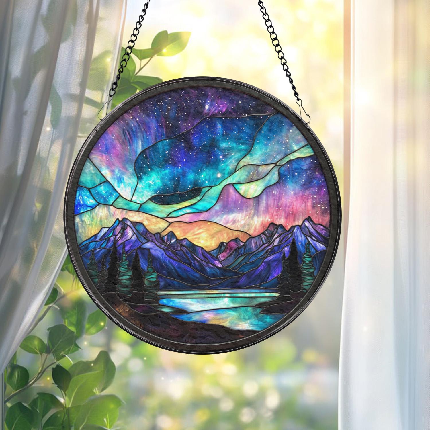 Aurora Borealis Glass Suncatcher, Northern Lights Window Decor, Mystical Sky Wall Art, Gift for Nature Lovers, Meditation Accent