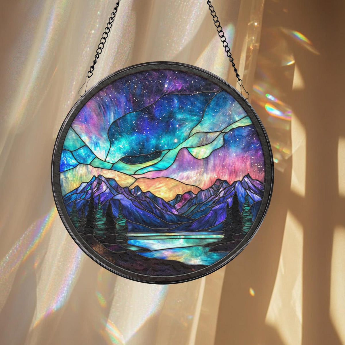 Aurora Borealis Glass Suncatcher, Northern Lights Window Decor, Mystical Sky Wall Art, Gift for Nature Lovers, Meditation Accent