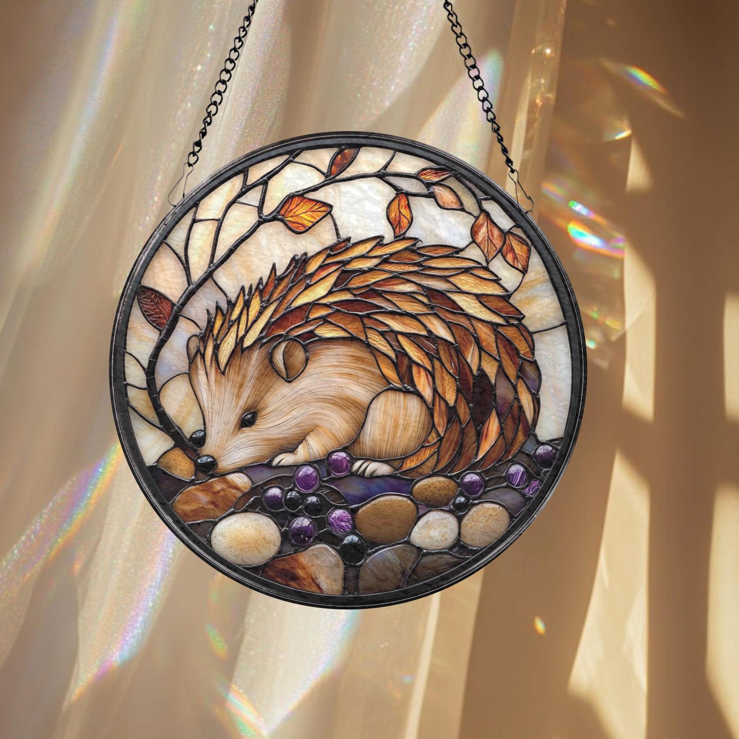 Hedgehog Stained Glass Suncatcher, Cute Animal Window Hanging, Woodland Decor, Gift for Her, Nature Lover Birthday or Xmas Gift