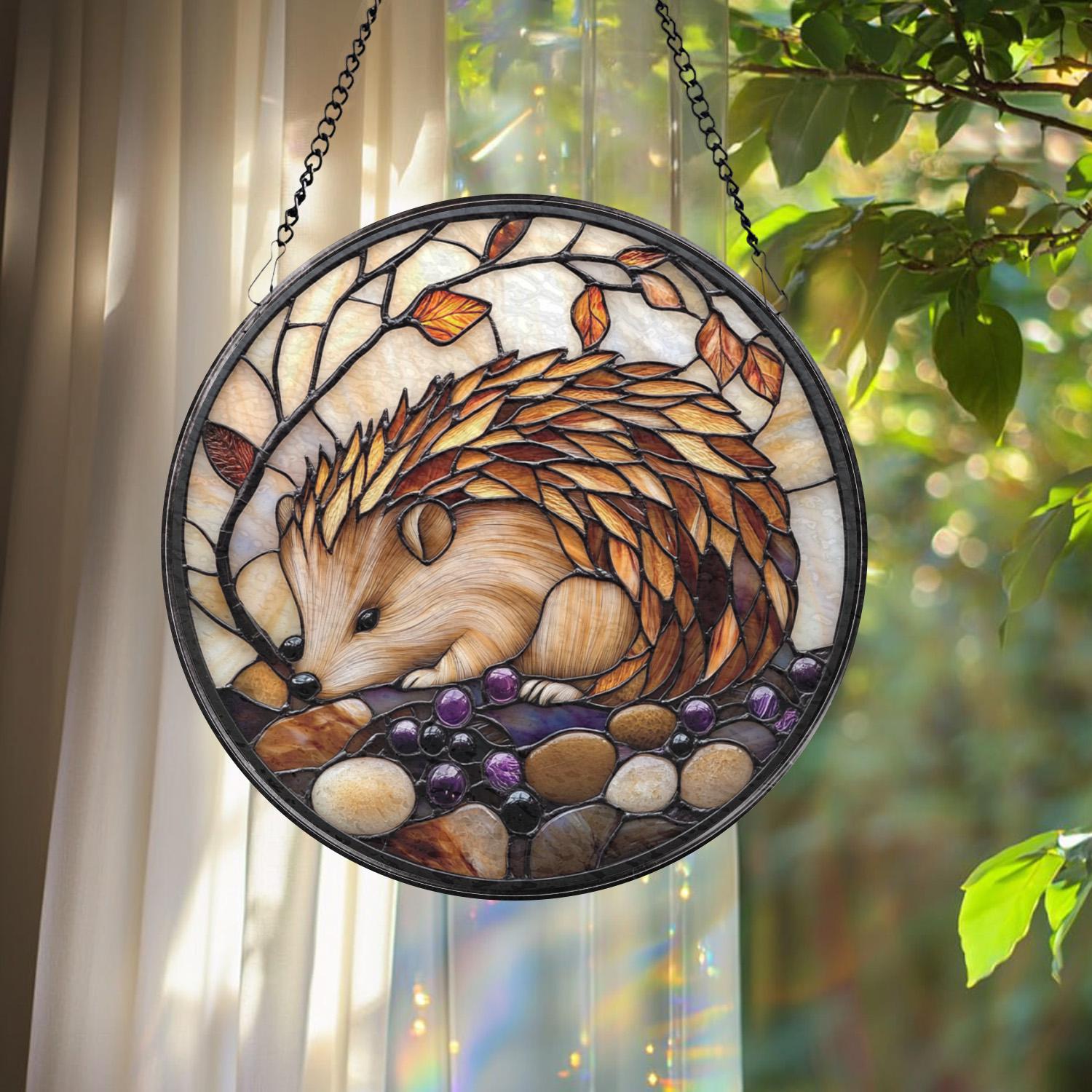 Hedgehog Stained Glass Suncatcher, Cute Animal Window Hanging, Woodland Decor, Gift for Her, Nature Lover Birthday or Xmas Gift