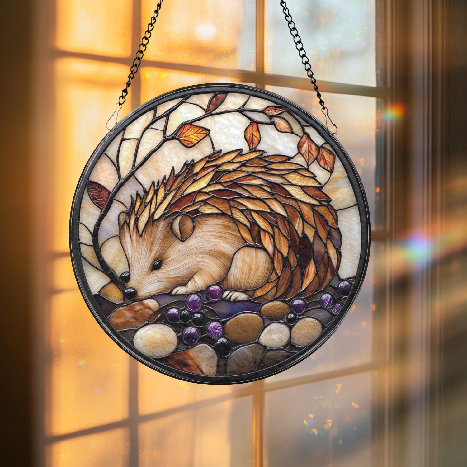 Hedgehog Stained Glass Suncatcher, Cute Animal Window Hanging, Woodland Decor, Gift for Her, Nature Lover Birthday or Xmas Gift