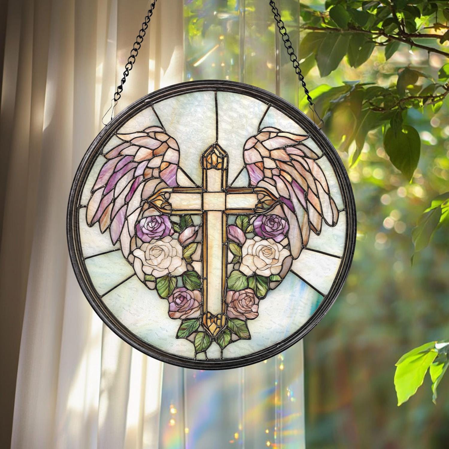 Heavenly Cross Glass Suncatcher, Angel Wings Window Decor, Christian Gift for Her, Spiritual Wall Art, Faith-Inspired Home Accent
