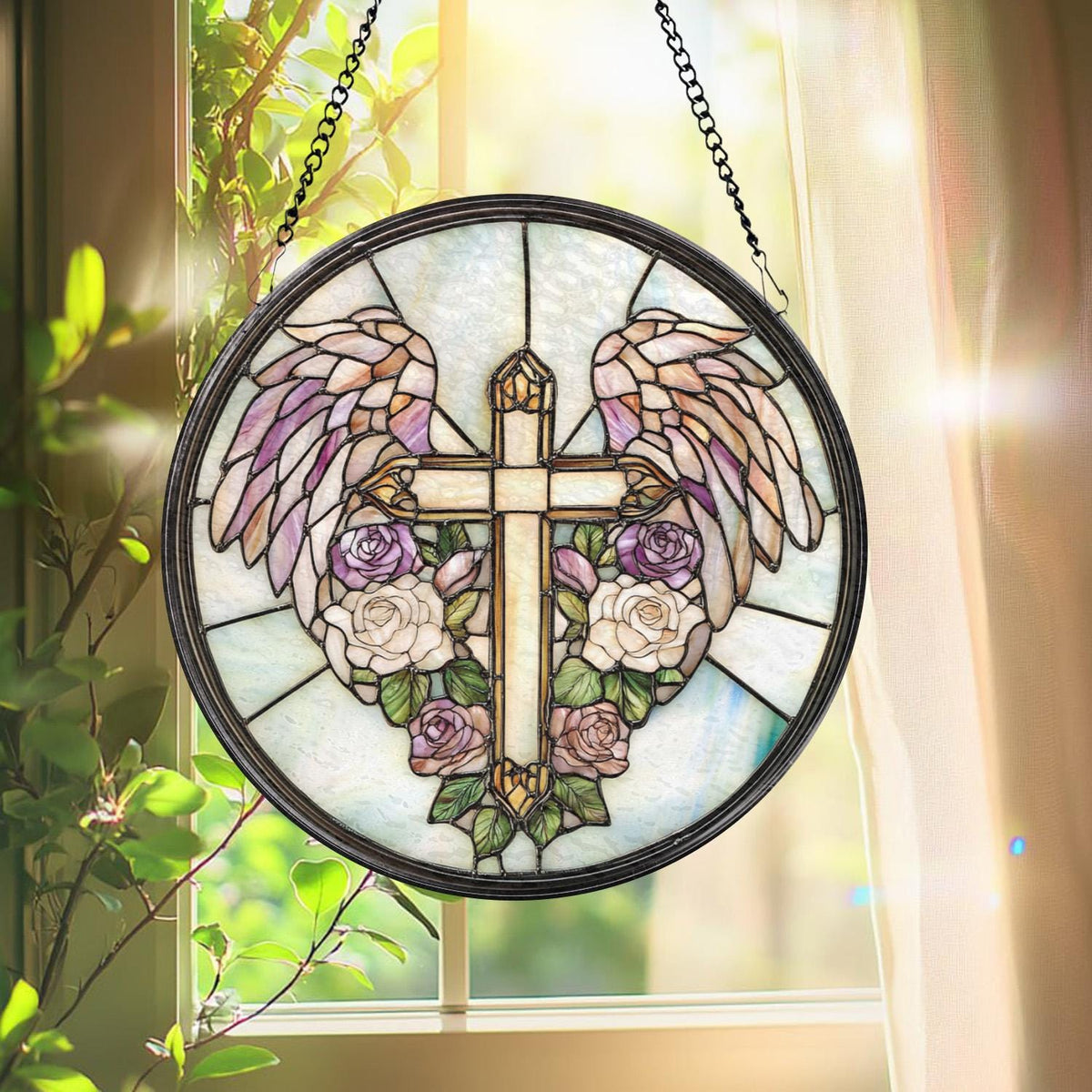 Heavenly Cross Glass Suncatcher, Angel Wings Window Decor, Christian Gift for Her, Spiritual Wall Art, Faith-Inspired Home Accent