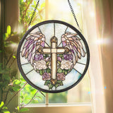 Heavenly Cross Glass Suncatcher, Angel Wings Window Decor, Christian Gift for Her, Spiritual Wall Art, Faith-Inspired Home Accent