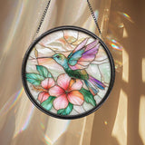 Hummingbird and Hibiscus Glass Wall Hanging, Floral Suncatcher Decor, Garden Window Accent, Gift for Bird Lovers, Flower Lover Gift