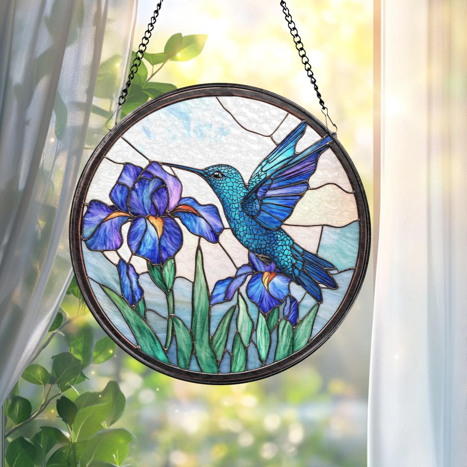 Hummingbird and Iris Flower Stained Glass Suncatcher, Blue Bird Window Hanging, Botanical Glass Art, Garden Window Decor, Nature Lover Gift