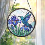 Hummingbird and Iris Flower Stained Glass Suncatcher, Blue Bird Window Hanging, Botanical Glass Art, Garden Window Decor, Nature Lover Gift
