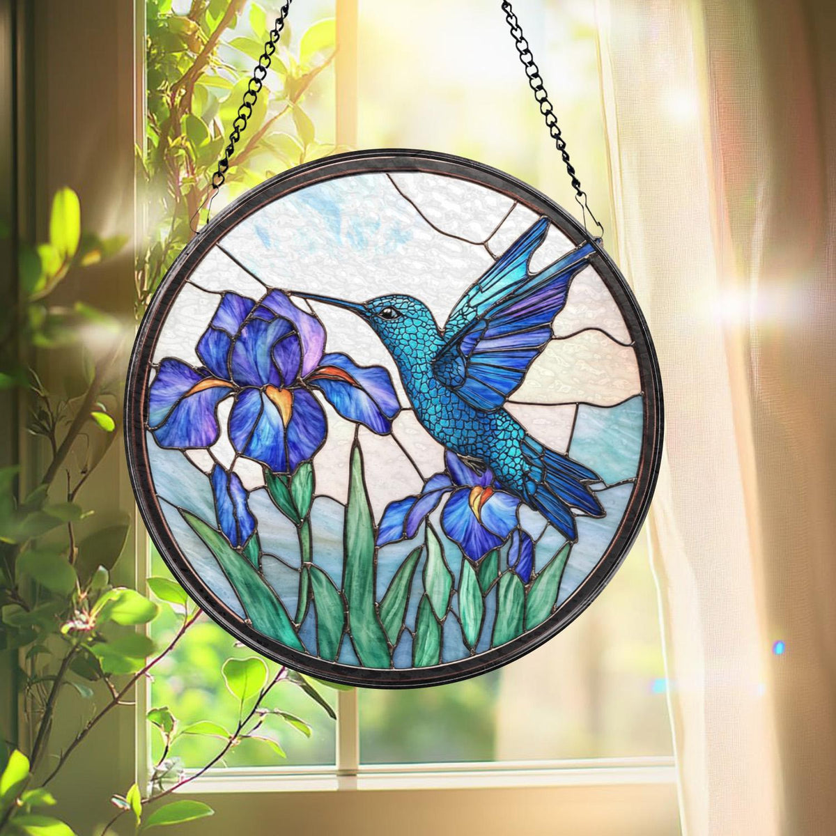 Hummingbird and Iris Flower Stained Glass Suncatcher, Blue Bird Window Hanging, Botanical Glass Art, Garden Window Decor, Nature Lover Gift