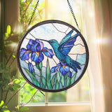 Hummingbird and Iris Flower Stained Glass Suncatcher, Blue Bird Window Hanging, Botanical Glass Art, Garden Window Decor, Nature Lover Gift