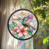 Hummingbird and Hibiscus Glass Wall Hanging, Floral Suncatcher Decor, Garden Window Accent, Gift for Bird Lovers, Flower Lover Gift