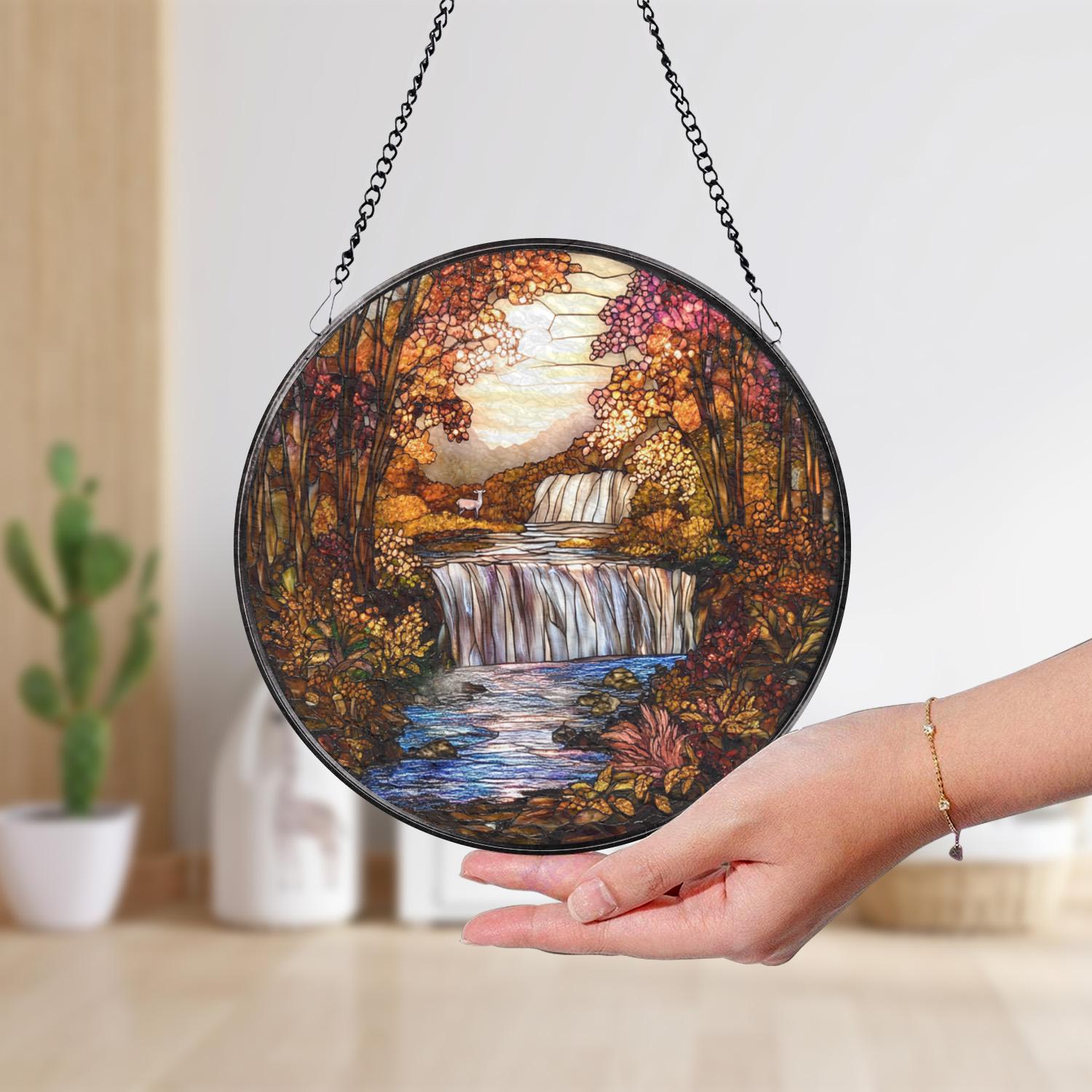 Autumn Waterfall Stained Glass Suncatcher, Fall Forest Scenic Window Hanging, Rustic Nature Glass Art Decor, Peaceful Landscape Gift