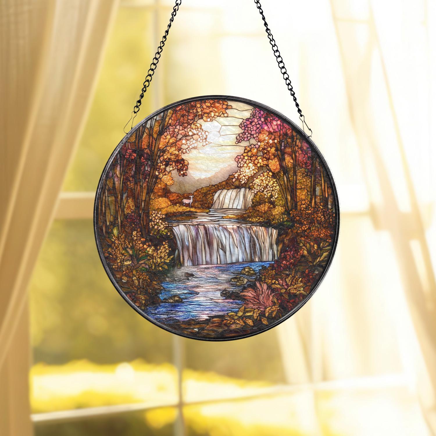 Autumn Waterfall Stained Glass Suncatcher, Fall Forest Scenic Window Hanging, Rustic Nature Glass Art Decor, Peaceful Landscape Gift