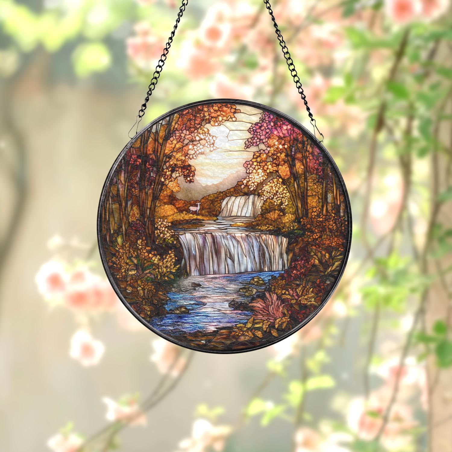 Autumn Waterfall Stained Glass Suncatcher, Fall Forest Scenic Window Hanging, Rustic Nature Glass Art Decor, Peaceful Landscape Gift