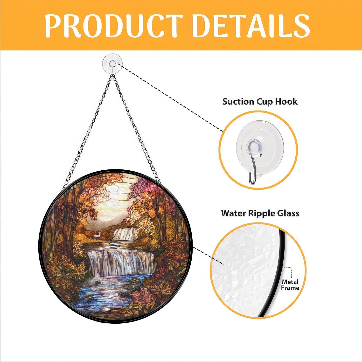 Autumn Waterfall Stained Glass Suncatcher, Fall Forest Scenic Window Hanging, Rustic Nature Glass Art Decor, Peaceful Landscape Gift