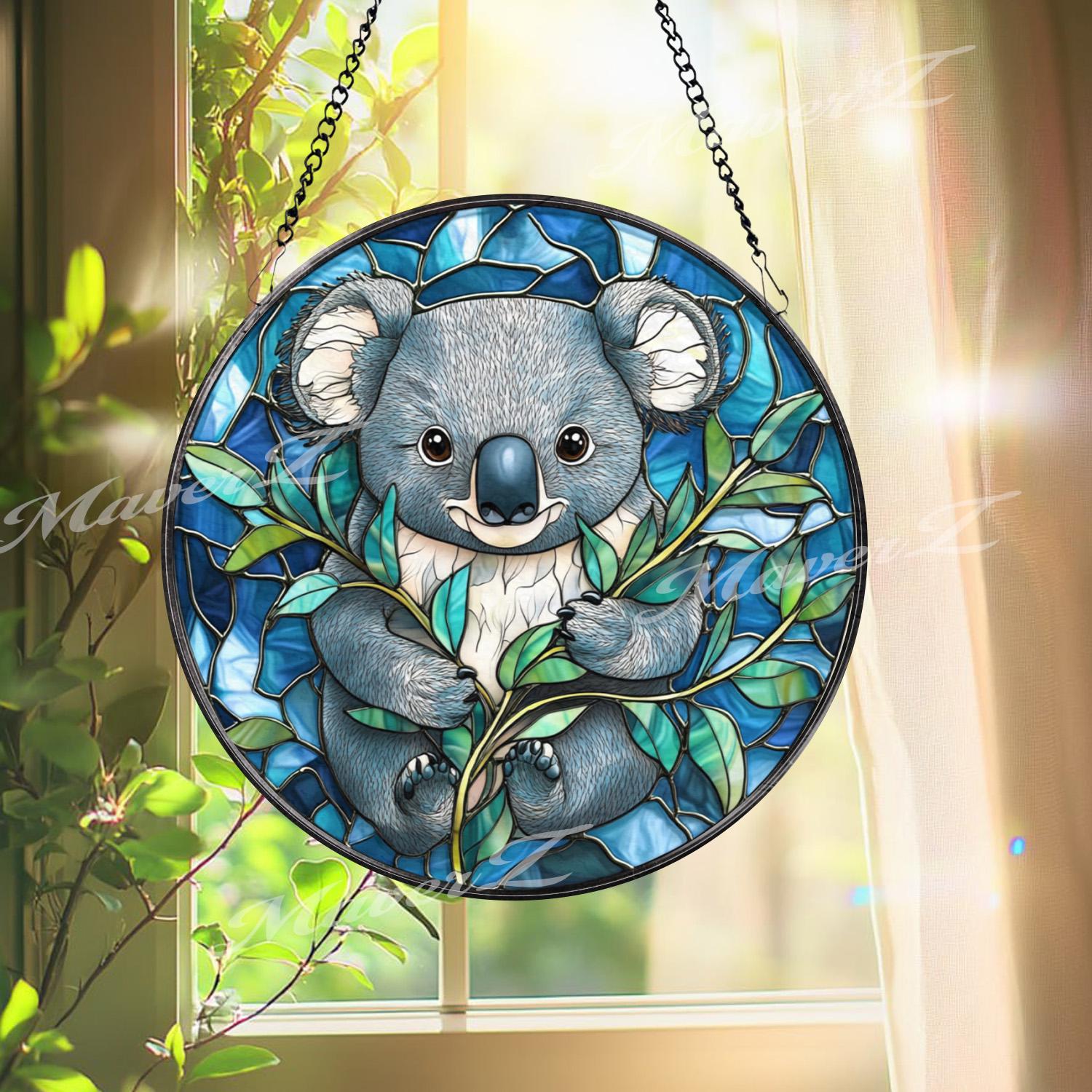 Koala Stained Glass Suncatcher, Cute Aussie Animal Window Hanging, Round Eucalyptus Forest Glass Art, Wildlife Gift for Nature Lovers