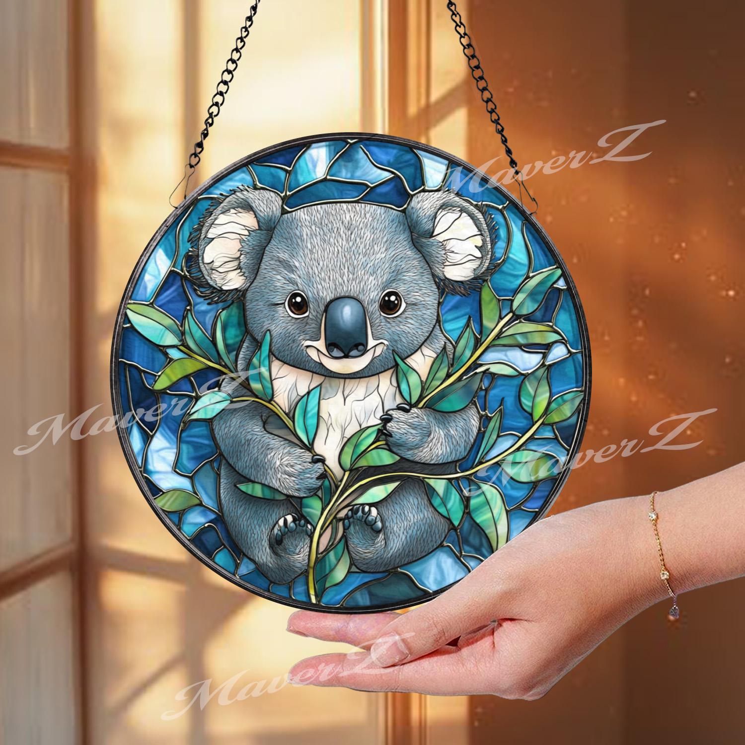 Koala Stained Glass Suncatcher, Cute Aussie Animal Window Hanging, Round Eucalyptus Forest Glass Art, Wildlife Gift for Nature Lovers