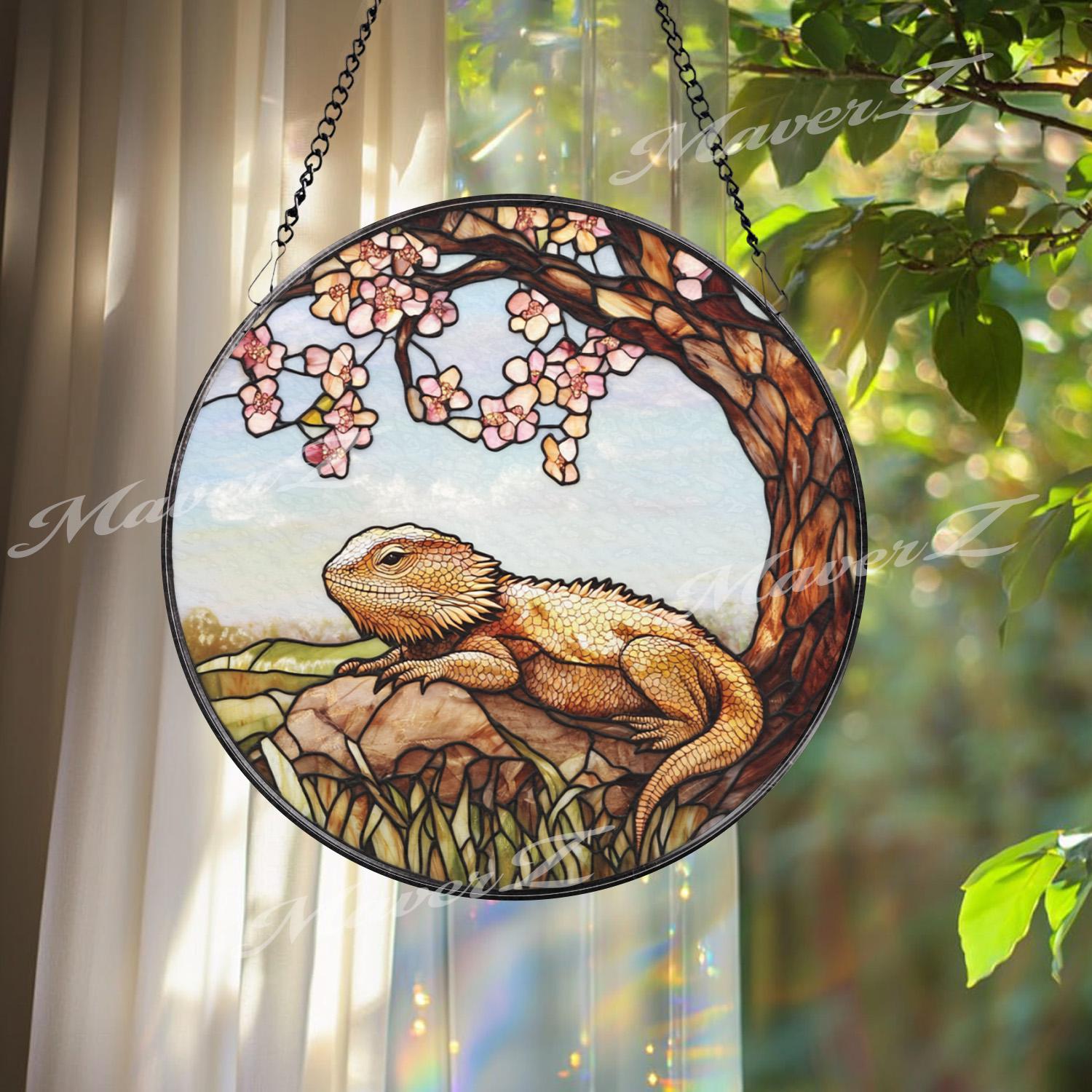 Bearded Dragon Stained Glass Suncatcher, Lizard on Rock Under Cherry Blossom Tree, Reptile Pet Window Panel, Nature Decor Gift Idea