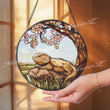 Bearded Dragon Stained Glass Suncatcher, Lizard on Rock Under Cherry Blossom Tree, Reptile Pet Window Panel, Nature Decor Gift Idea
