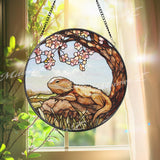 Bearded Dragon Stained Glass Suncatcher, Lizard on Rock Under Cherry Blossom Tree, Reptile Pet Window Panel, Nature Decor Gift Idea
