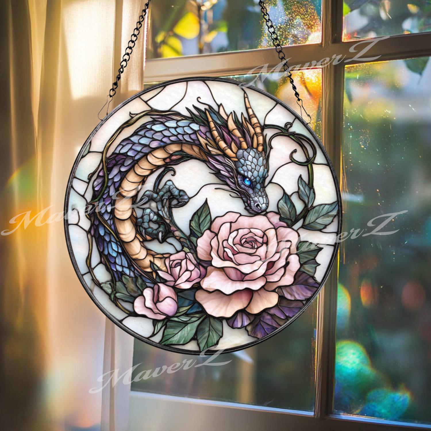 Bearded Dragon Stained Glass Suncatcher, Lizard on Rock Under Cherry Blossom Tree, Reptile Pet Window Panel, Nature Decor Gift Idea