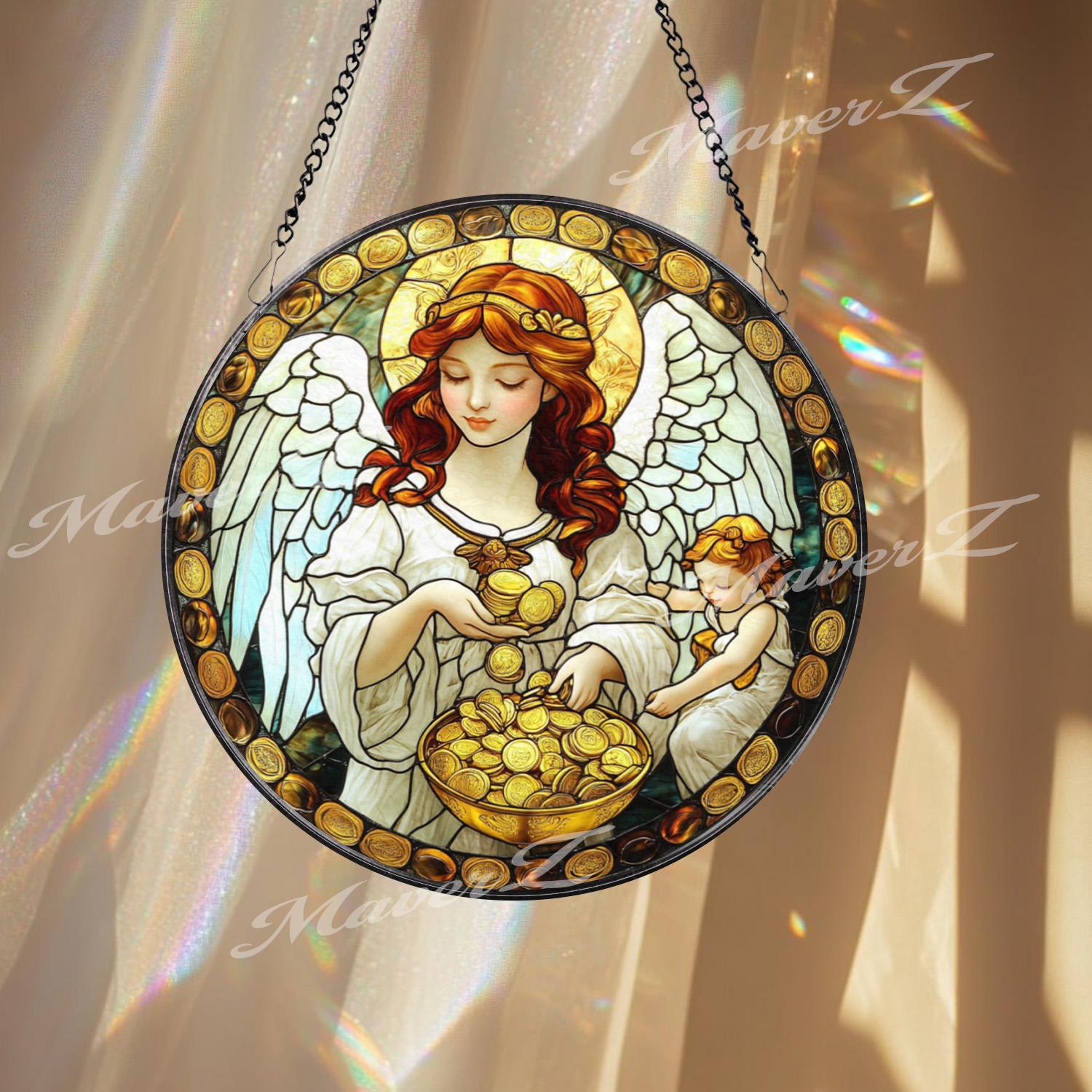 Prosperity Angel Stained Glass Suncatcher, Wealth Blessing Guardian Window Panel, Gold Coin Spiritual Decor, Abundance Gift for Home