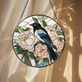 Magpie and Peony Stained Glass Suncatcher, Floral Bird Window Panel, Good Luck Garden Decor, Elegant Nature Round Glass Hanging Art