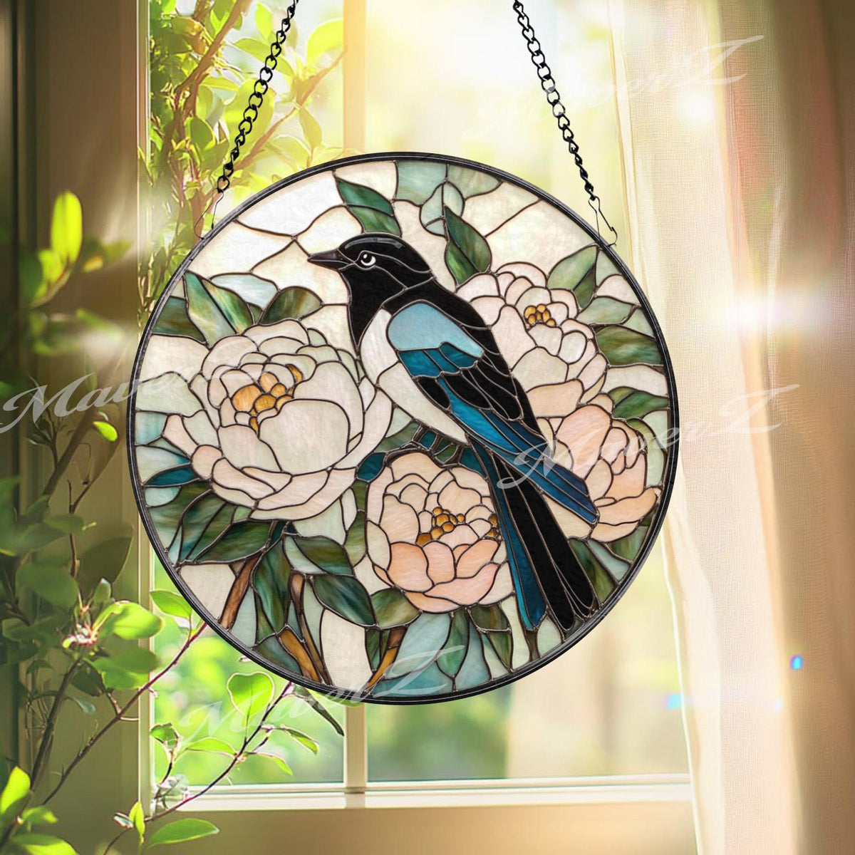 Magpie and Peony Stained Glass Suncatcher, Floral Bird Window Panel, Good Luck Garden Decor, Elegant Nature Round Glass Hanging Art