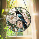 Magpie and Peony Stained Glass Suncatcher, Floral Bird Window Panel, Good Luck Garden Decor, Elegant Nature Round Glass Hanging Art