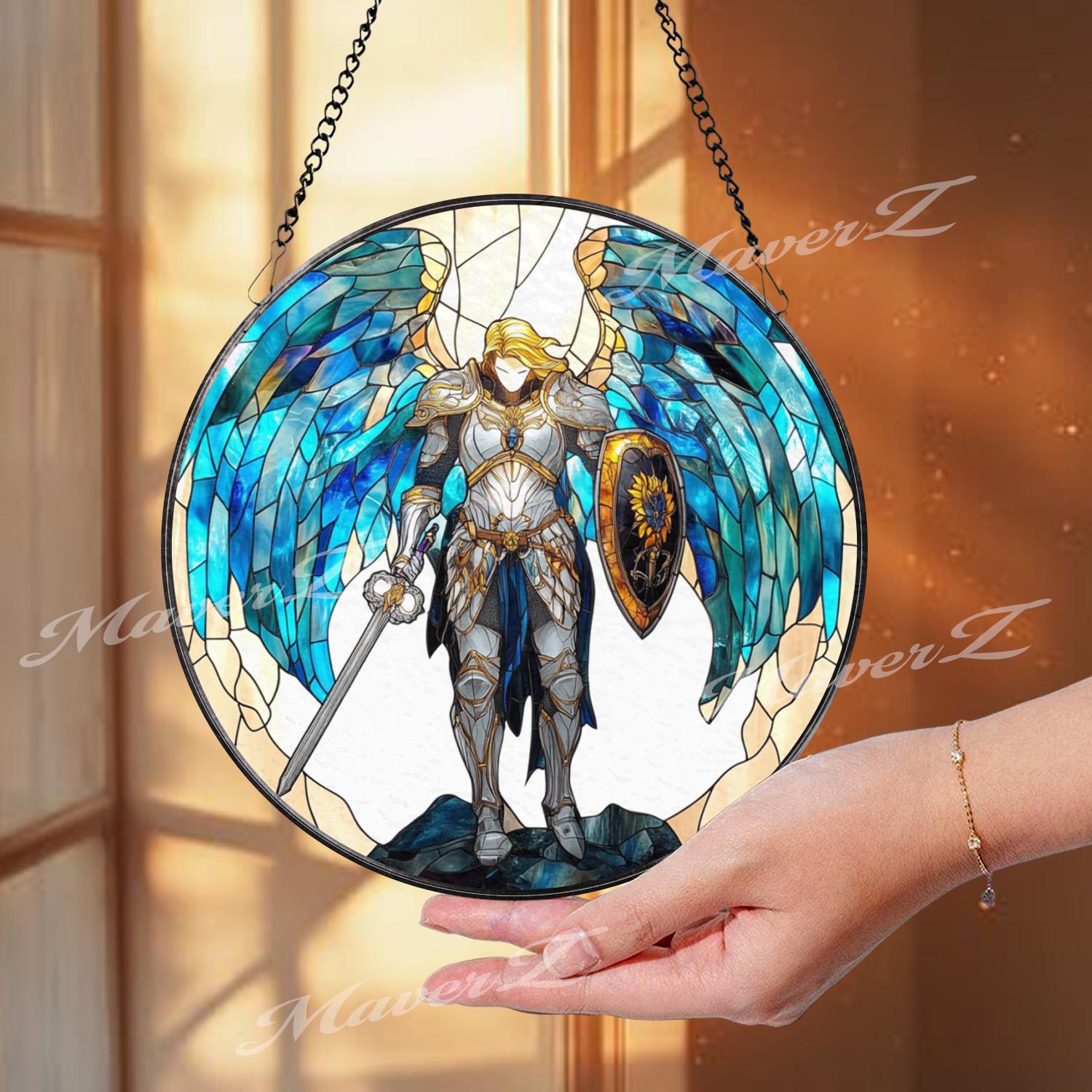 Archangel Warrior Stained Glass Suncatcher, Blue Winged Sword Guardian Window Panel, Angel of Protection Fantasy Glass Decor Gift