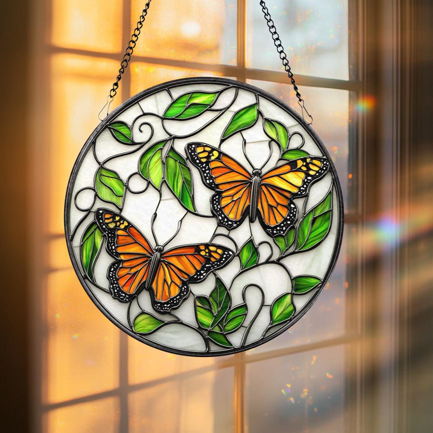 Monarch Butterfly Stained Glass Suncatcher, Round Window Hanging with Vines and Leaves, Nature Inspired Gift for Garden Lovers