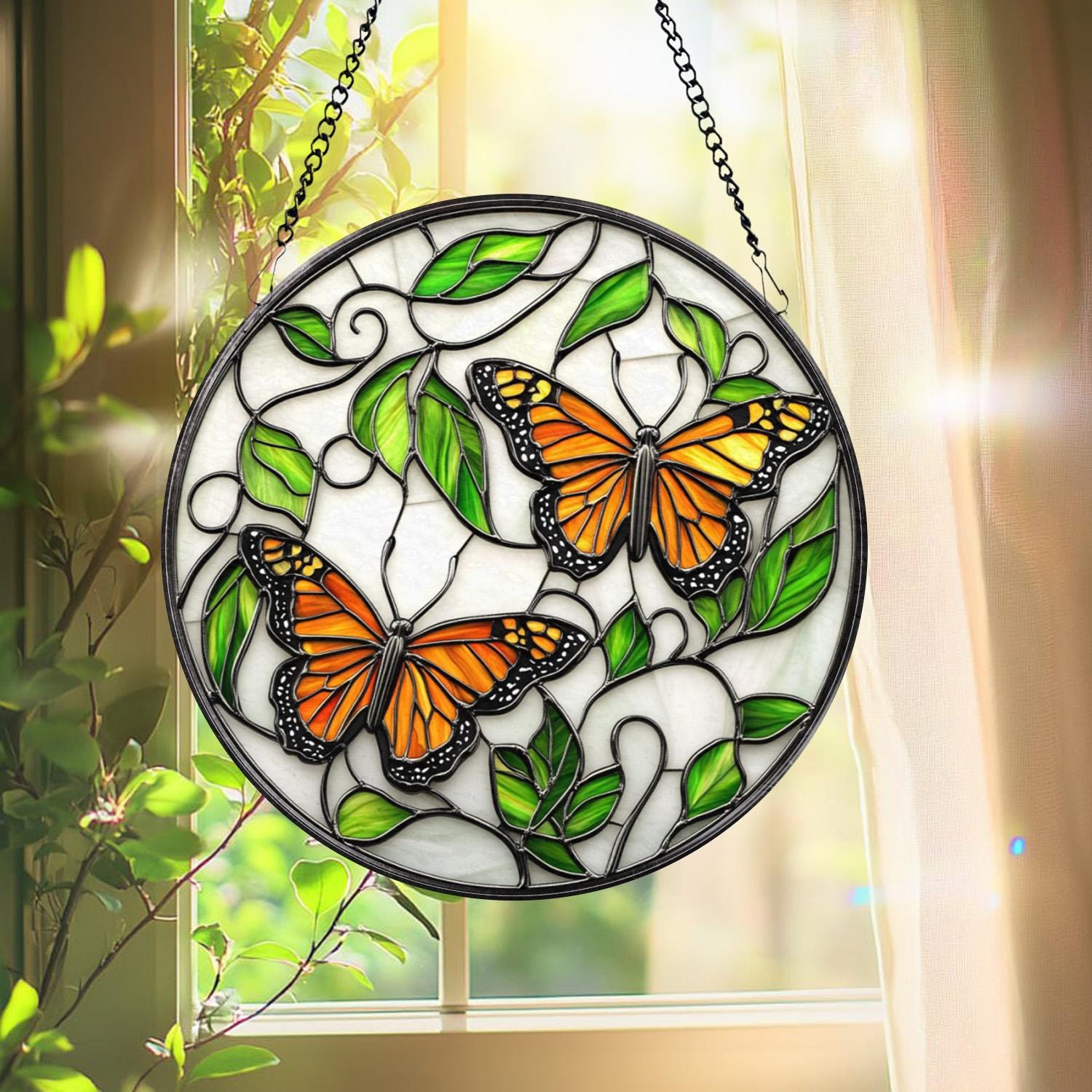 Monarch Butterfly Stained Glass Suncatcher, Round Window Hanging with Vines and Leaves, Nature Inspired Gift for Garden Lovers