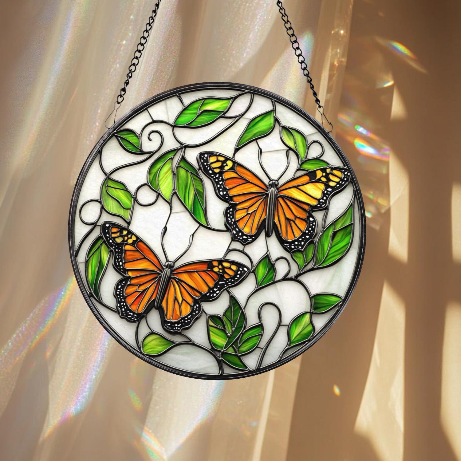 Monarch Butterfly Stained Glass Suncatcher, Round Window Hanging with Vines and Leaves, Nature Inspired Gift for Garden Lovers