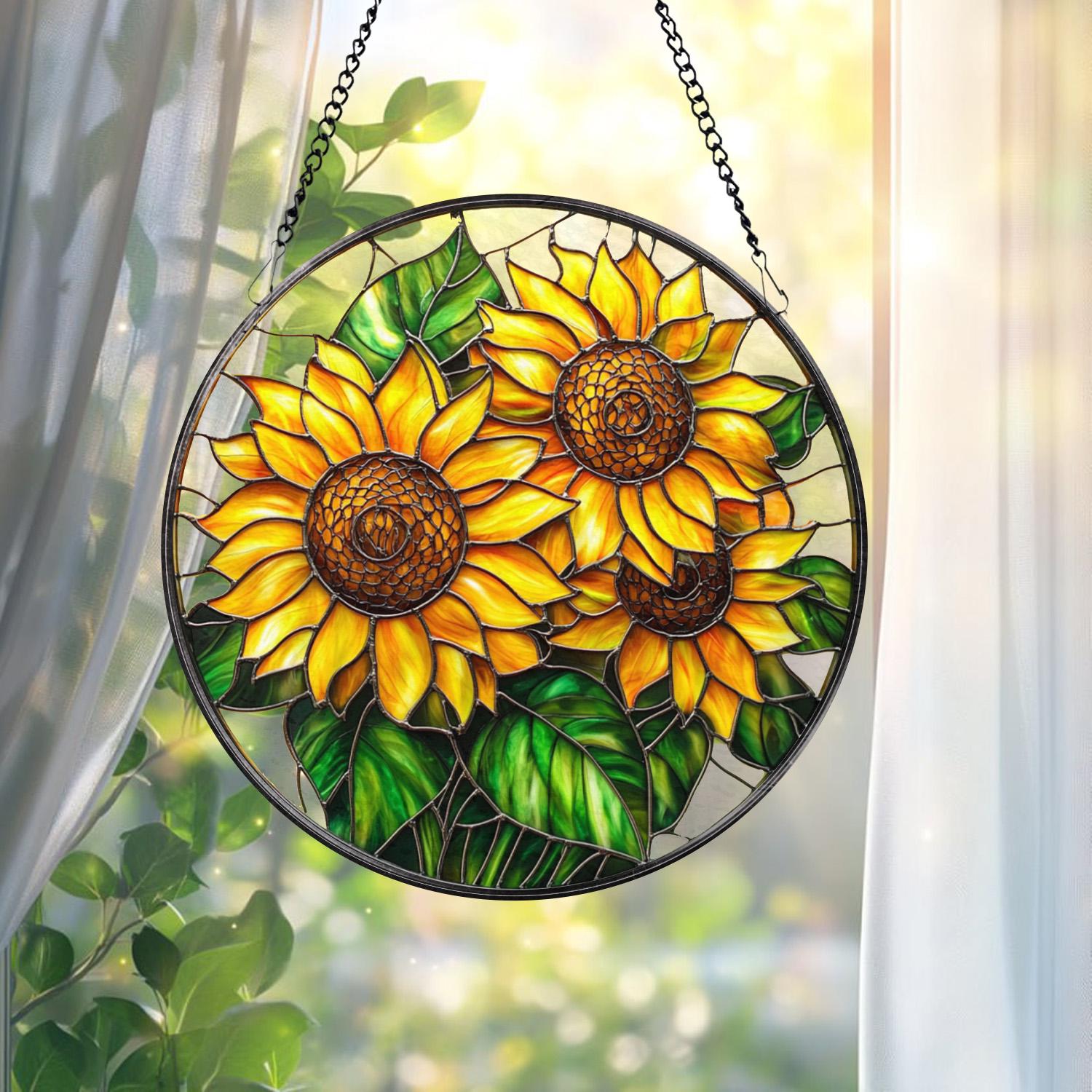 Sunflower Glass Suncatcher, Floral Pendant Window Hanging, Sunflower Window Decor, Gift for Mom or Grandma, Bright Kitchen or Garden Accent