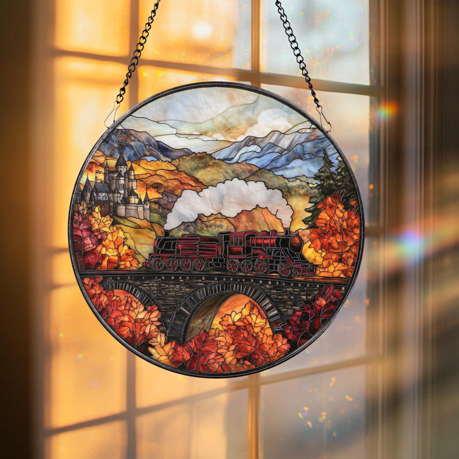 Magical Train Stained Glass Suncatcher, Fantasy Castle Window Hanging, Autumn Adventure Glass Art, Gift for Book and Travel Lovers