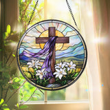 Christian Cross Stained Glass Suncatcher, Sunset Cross Window Hanging, Religious Home Decor, Jesus Faith Ornament, Floral Cross Wall Art