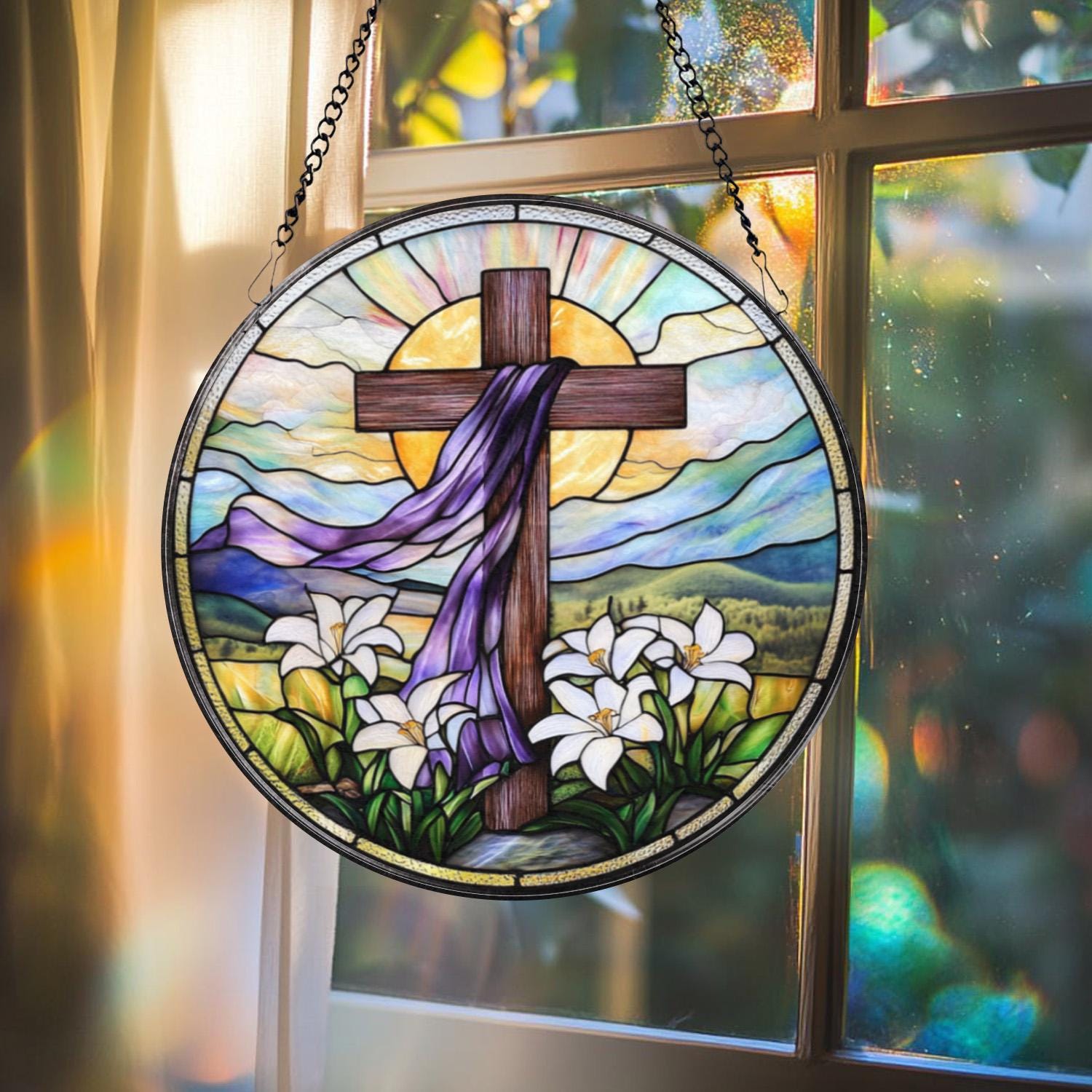 Christian Cross Stained Glass Suncatcher, Sunset Cross Window Hanging, Religious Home Decor, Jesus Faith Ornament, Floral Cross Wall Art