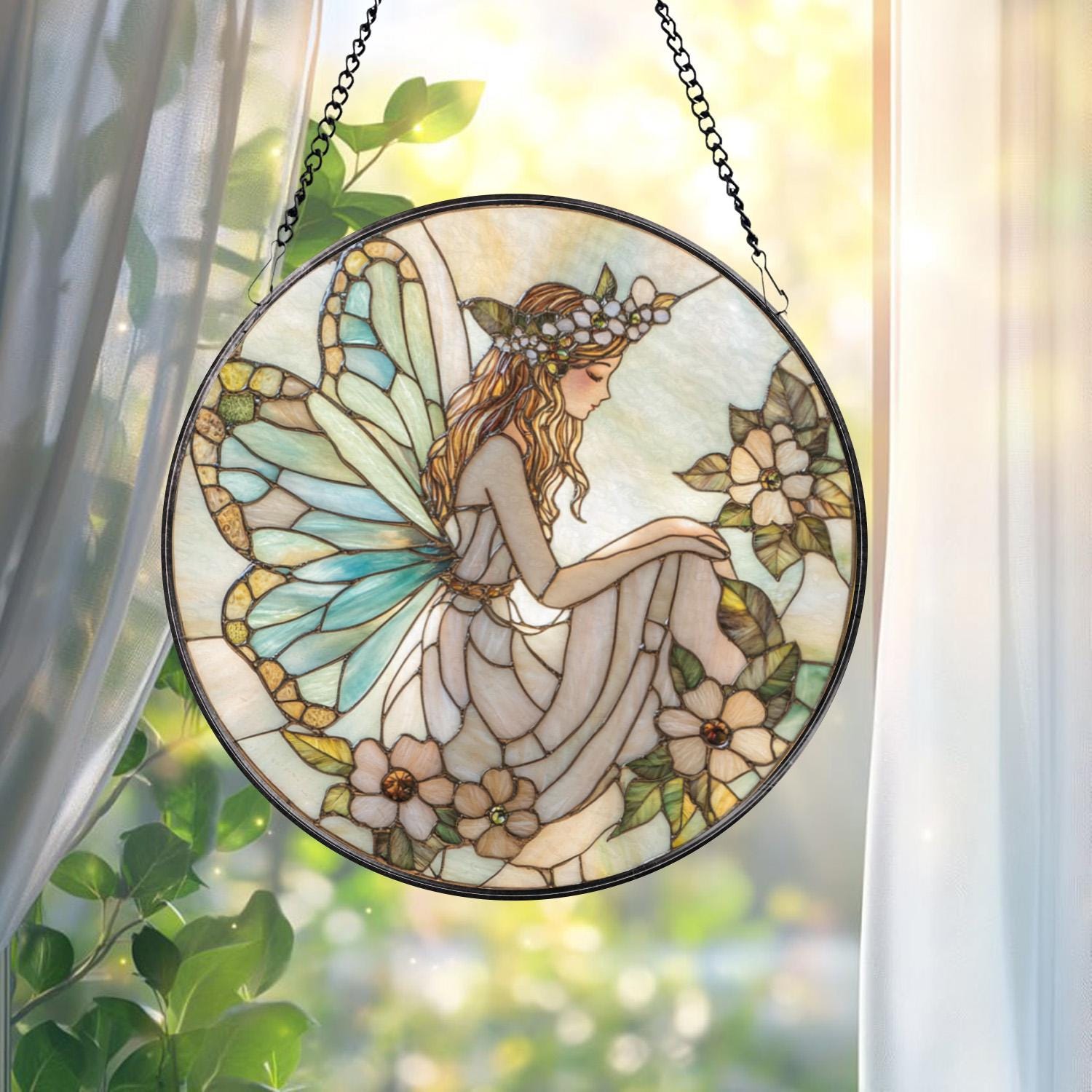 Christian Cross Stained Glass Suncatcher, Sunset Cross Window Hanging, Religious Home Decor, Jesus Faith Ornament, Floral Cross Wall Art