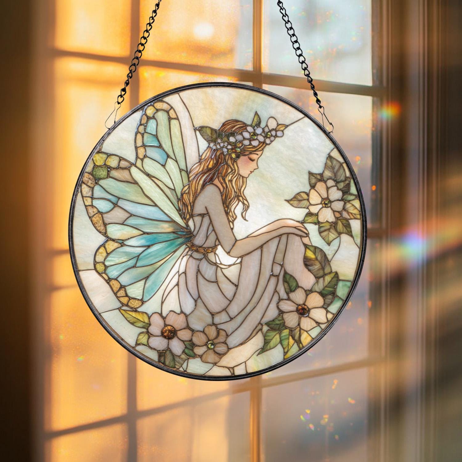 Christian Cross Stained Glass Suncatcher, Sunset Cross Window Hanging, Religious Home Decor, Jesus Faith Ornament, Floral Cross Wall Art