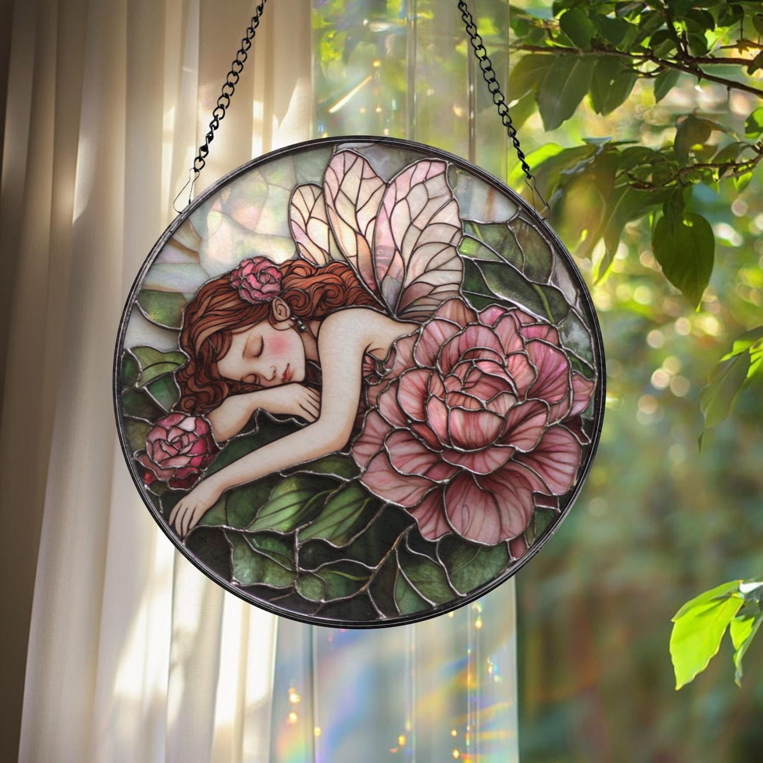 Fairies & Peony Glass Window Hanging, Enchanted Flower Fairy Suncatcher, Whimsical Wall Art, Gift for Girlfriend, Fairy Lover Home Decor