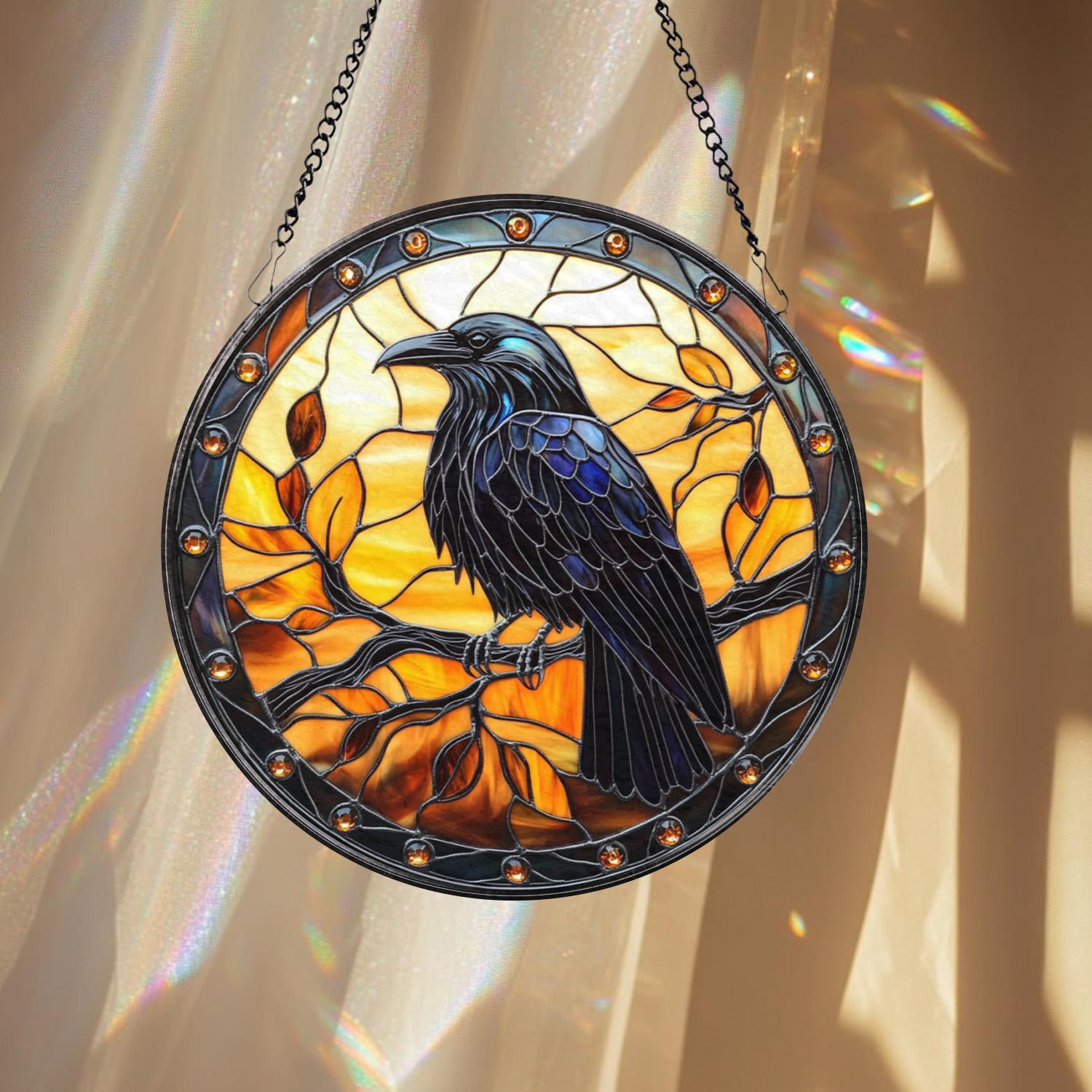 Black Raven Stained Glass Suncatcher – Gothic Crow Window Hanging, Unique Bird Decor, Witchy Home Accent, Housewarming Gift Idea