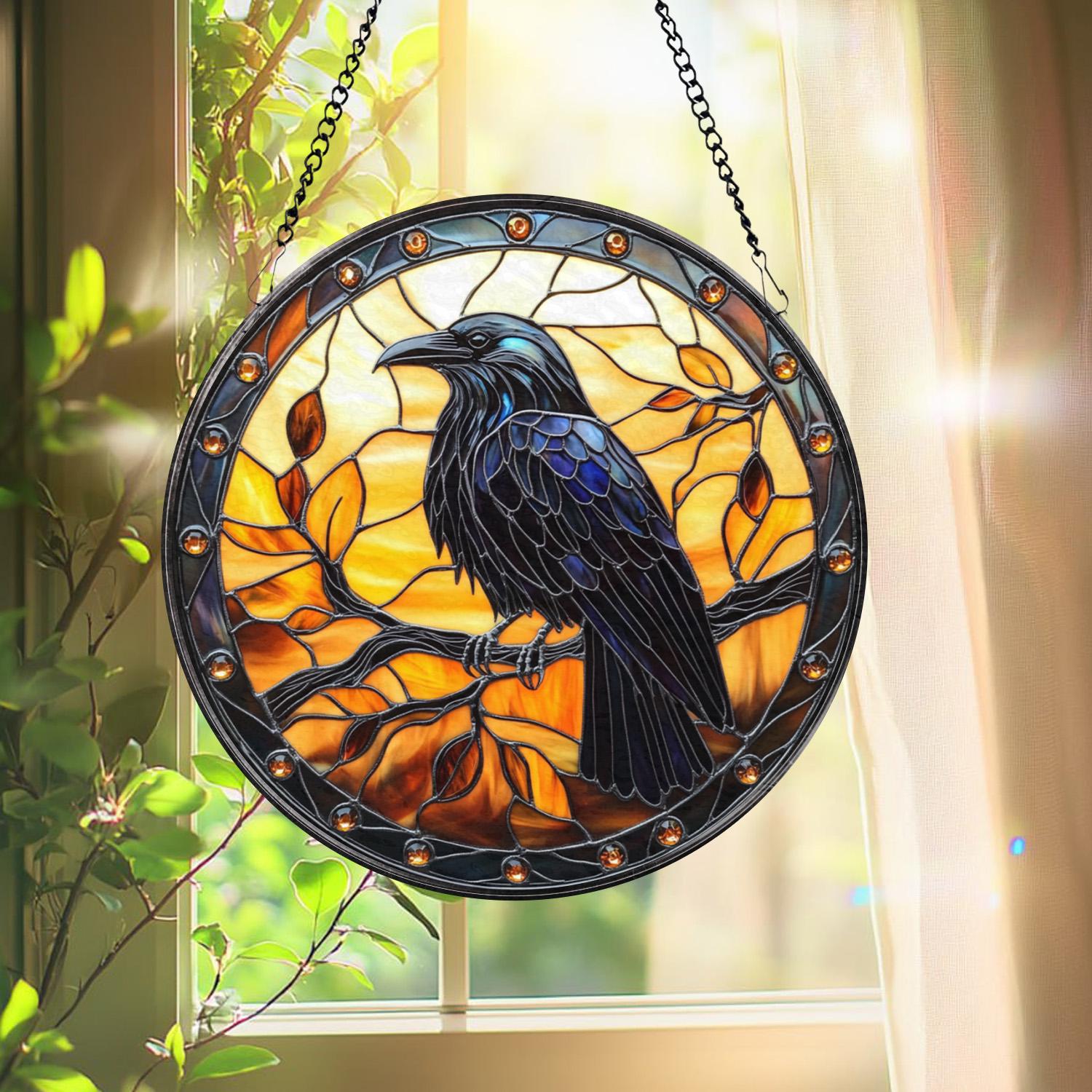 Black Raven Stained Glass Suncatcher – Gothic Crow Window Hanging, Unique Bird Decor, Witchy Home Accent, Housewarming Gift Idea